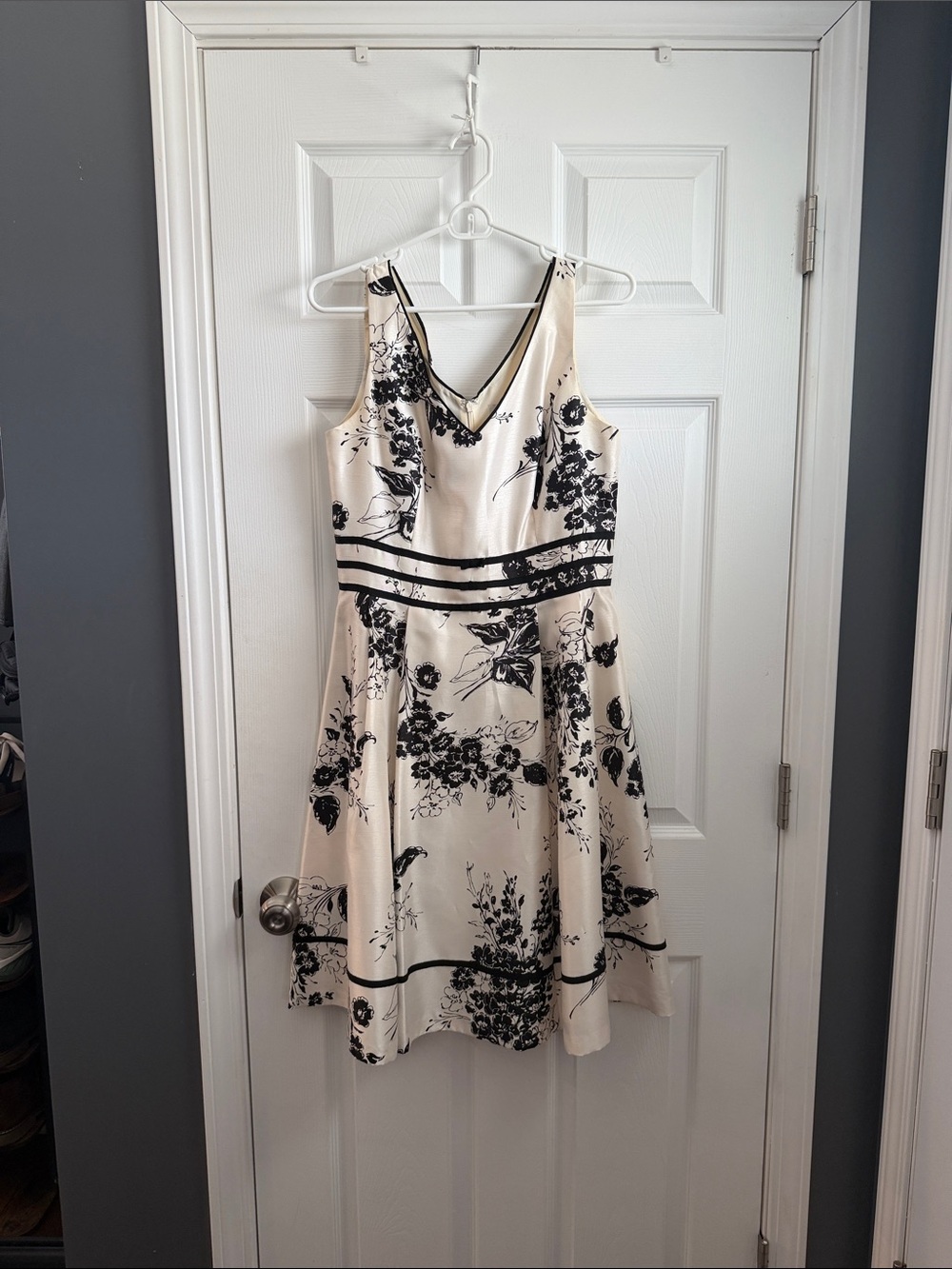 Sleeveless Floral Fit-and-Flare Dress in Cream and Black